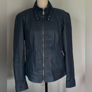 Women's Dark Navy Leather Zip-Front Jacket